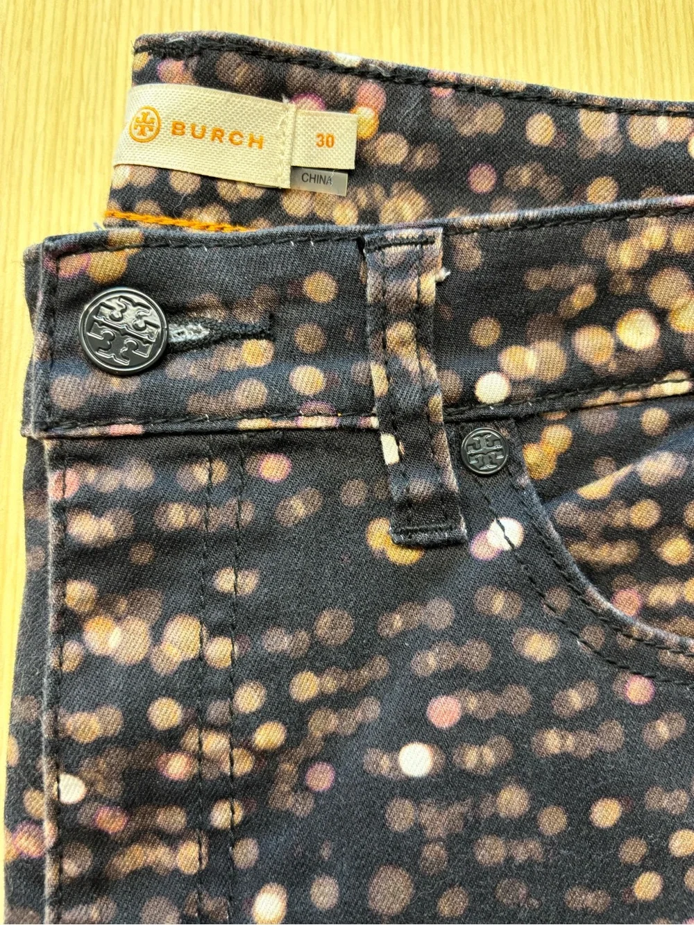 Tory Burch Night City Light Printed Skinny Jeans Black Gold Blurred Bokeh Dot 30